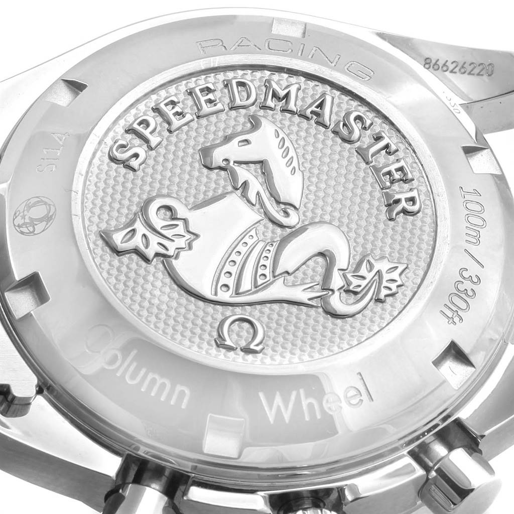 The image shows the case back of an Omega Speedmaster 326.30.40.50.06.001 Men
s Stainless Steel Grey Dial 326.30.40.50.06.001 Men
s Stainless Steel Grey Dial watch, displaying the engraved logo and text.