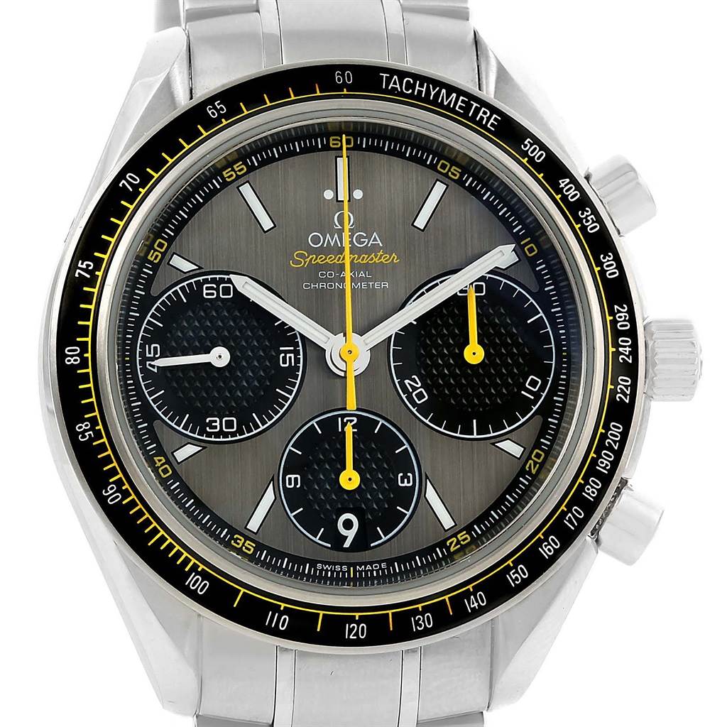 The image shows a frontal view of the Omega Speedmaster 326.30.40.50.06.001 Men
s Stainless Steel Grey Dial 326.30.40.50.06.001 Men
s Stainless Steel Grey Dial watch, highlighting the dial, tachymeter, and chronograph subdials.
