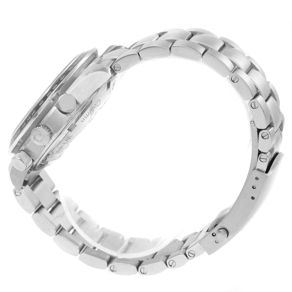 This image shows the side view of an Omega Speedmaster 326.30.40.50.06.001 Men
s Stainless Steel Grey Dial 326.30.40.50.06.001 Men
s Stainless Steel Grey Dial watch, highlighting its stainless steel bracelet and case.