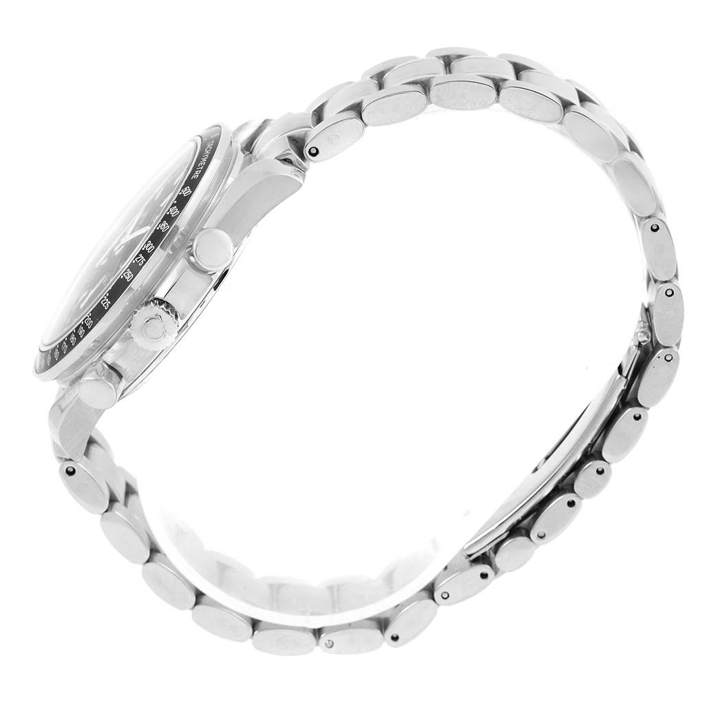 The image shows the side view of the Omega Speedmaster 3520.50.00 Men
s Stainless Steel Black Dial 3520.50.00 Men
s Stainless Steel Black Dial watch, highlighting its case, bezel, crown, pushers, and bracelet.