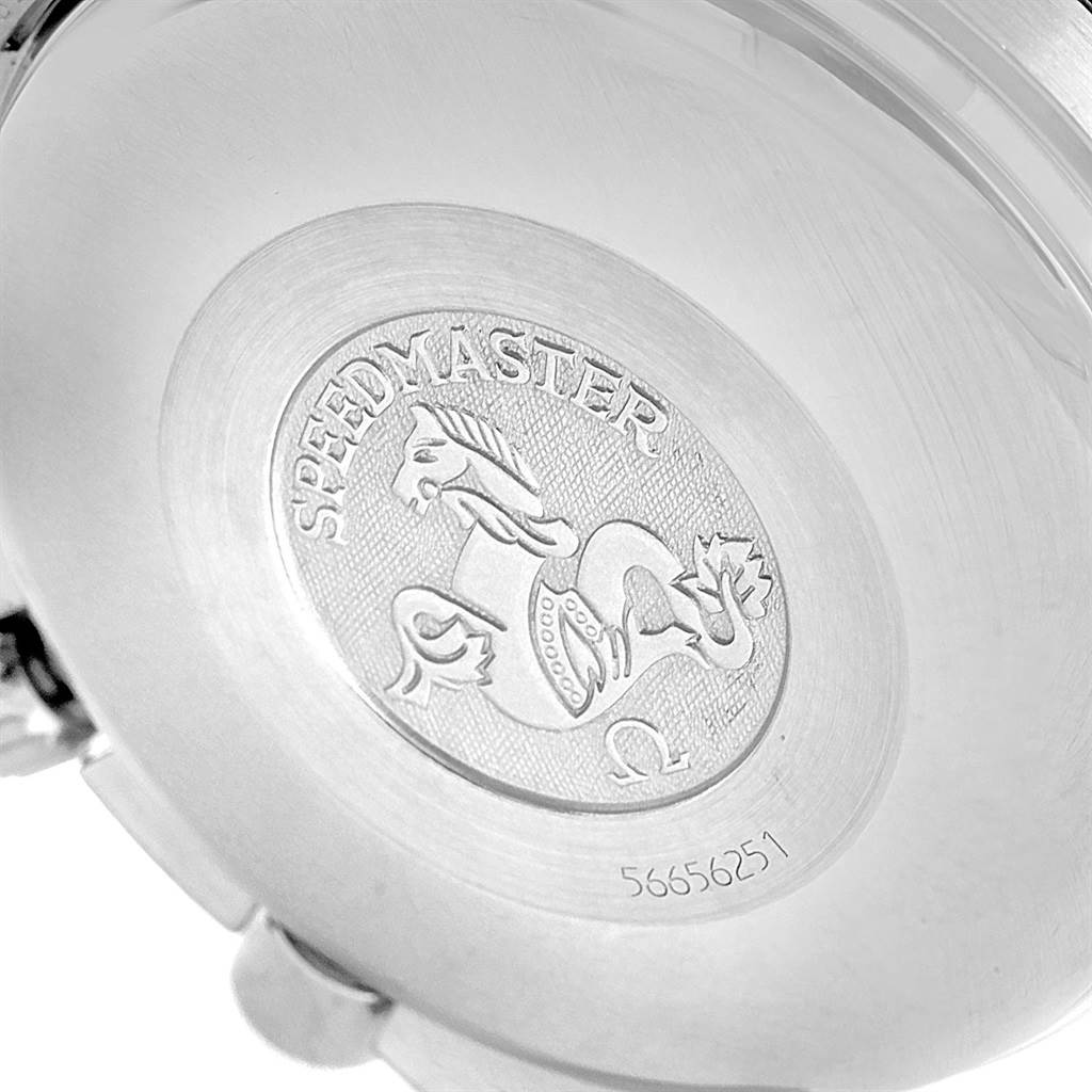 This image shows the engraved case back of an Omega Speedmaster 3520.50.00 Men
s Stainless Steel Black Dial 3520.50.00 Men
s Stainless Steel Black Dial watch.