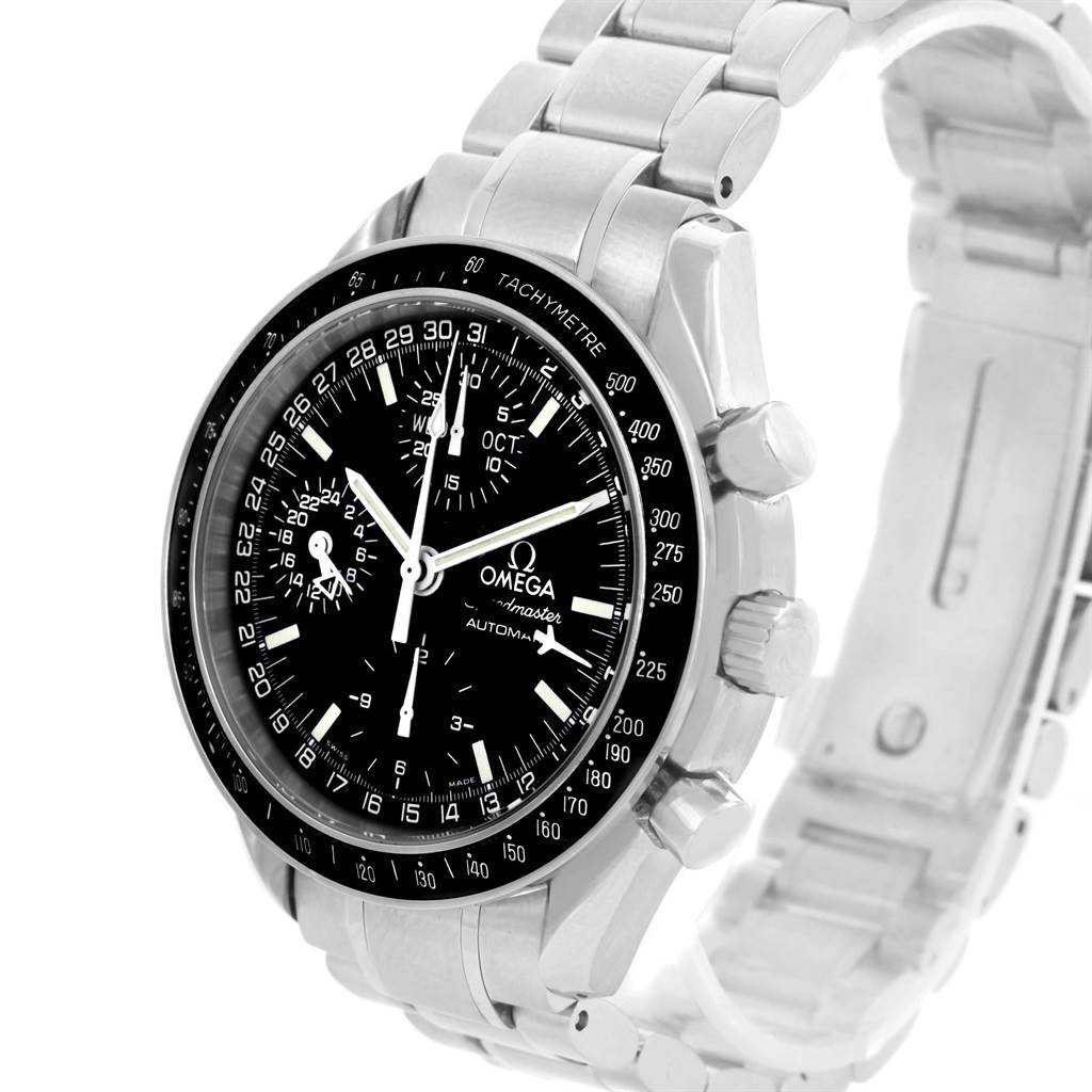 The Omega Speedmaster 3520.50.00 Men
s Stainless Steel Black Dial 3520.50.00 Men
s Stainless Steel Black Dial watch is shown at an angle, highlighting its face, bezel, and metal bracelet.