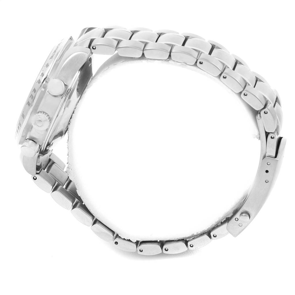 This side view of the Omega Speedmaster 3211.31.00 Men
s Stainless Steel Silver Dial 3211.31.00 Men
s Stainless Steel Silver Dial watch shows its metal bracelet, case, and crown.