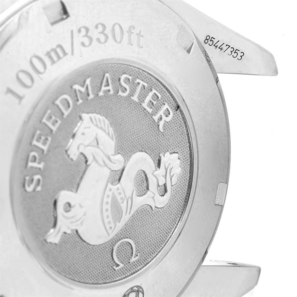 The image shows the back case of an Omega Speedmaster 3211.31.00 Men
s Stainless Steel Silver Dial 3211.31.00 Men
s Stainless Steel Silver Dial watch with engraved details.