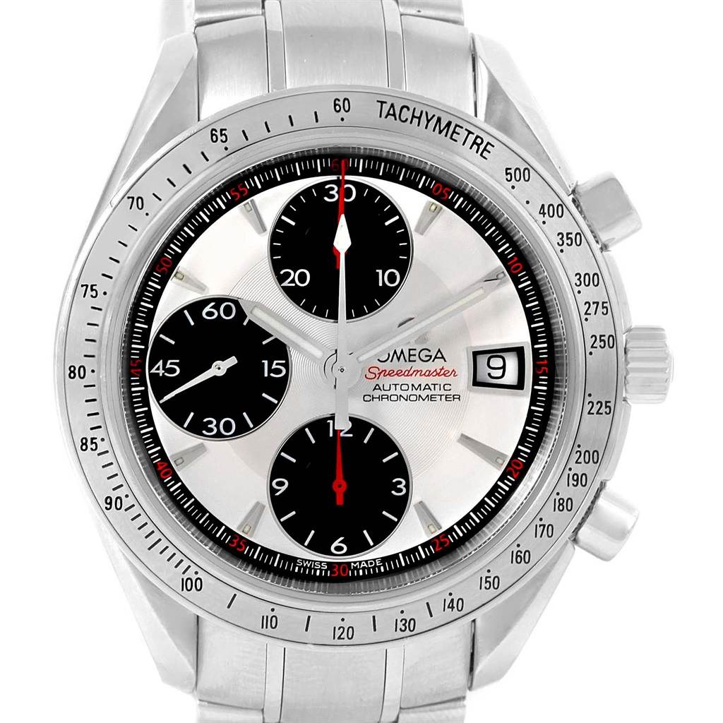 The Omega Speedmaster 3211.31.00 Men
s Stainless Steel Silver Dial 3211.31.00 Men
s Stainless Steel Silver Dial watch is shown from the front, displaying its dial, bezel, pushers, and bracelet.