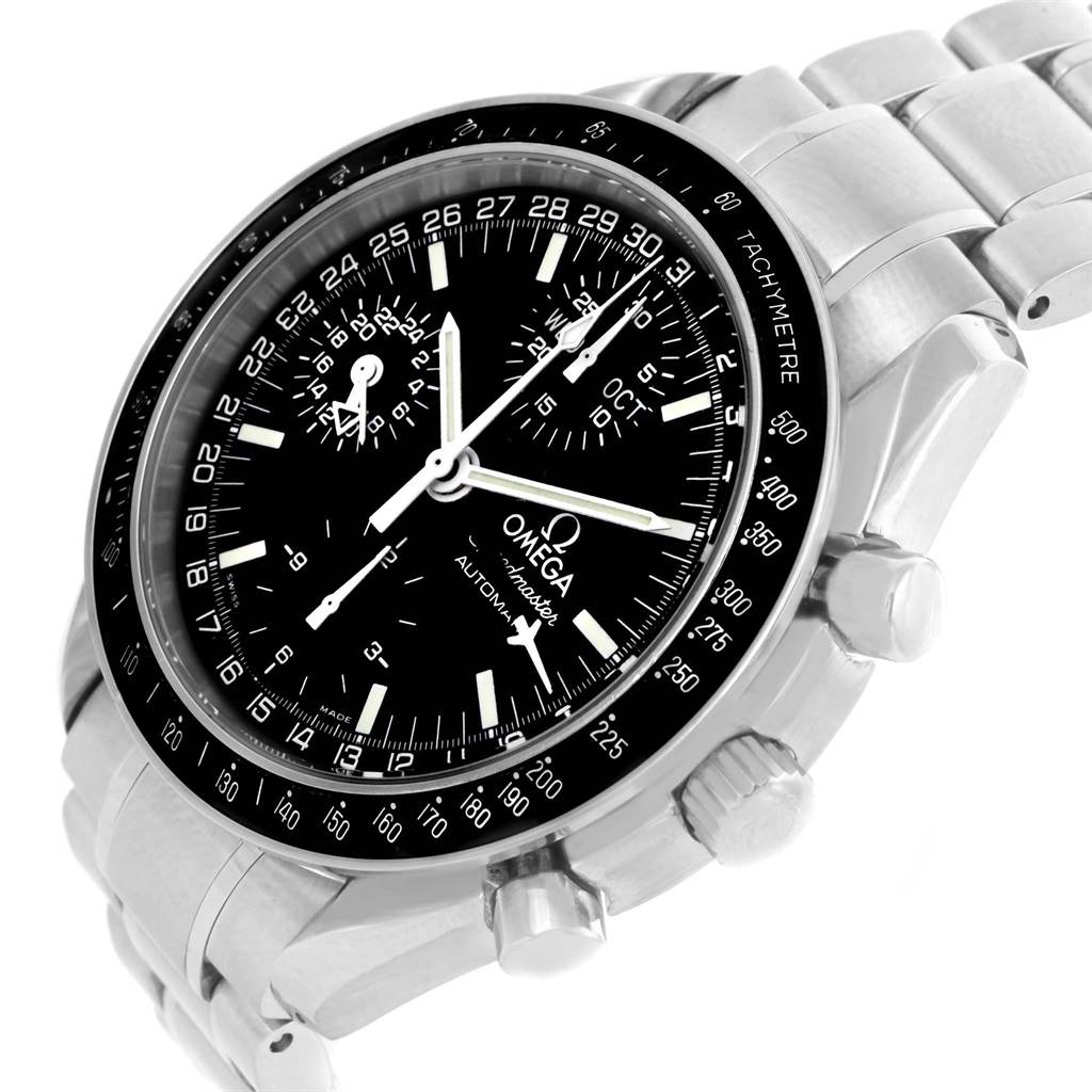 The image shows an angled view of the Omega Speedmaster 3520.50.00 Men
s Stainless Steel Black Dial 3520.50.00 Men
s Stainless Steel Black Dial watch, highlighting the dial, tachymeter bezel, crown, and pushers.