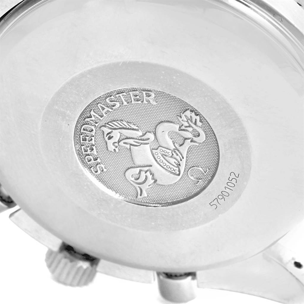 This image shows the back case of an Omega Speedmaster 3520.50.00 Men
s Stainless Steel Black Dial 3520.50.00 Men
s Stainless Steel Black Dial watch, featuring the engraved logo and serial number.