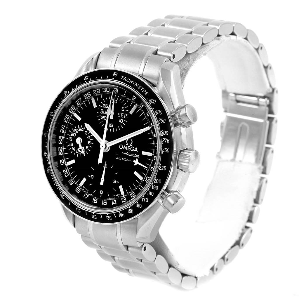 The Omega Speedmaster 3520.50.00 Men
s Stainless Steel Black Dial 3520.50.00 Men
s Stainless Steel Black Dial watch is shown at a front angle, displaying the face, bezel, crown, pushers, and metal bracelet.
