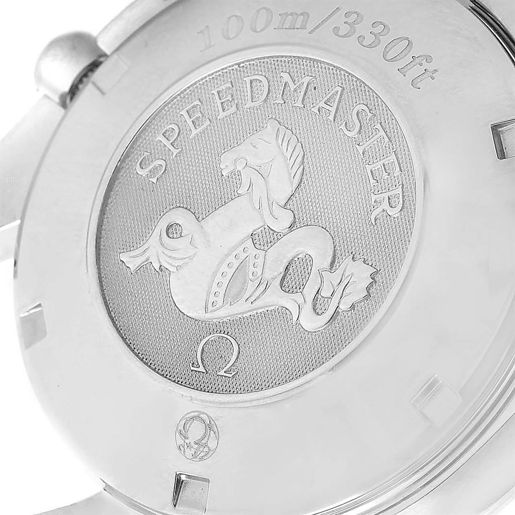 This image shows the case back of the Omega Speedmaster 3210.52.00 Men
s Stainless Steel Black Dial 3210.52.00 Men
s Stainless Steel Black Dial watch, featuring an embossed emblem and depth rating.