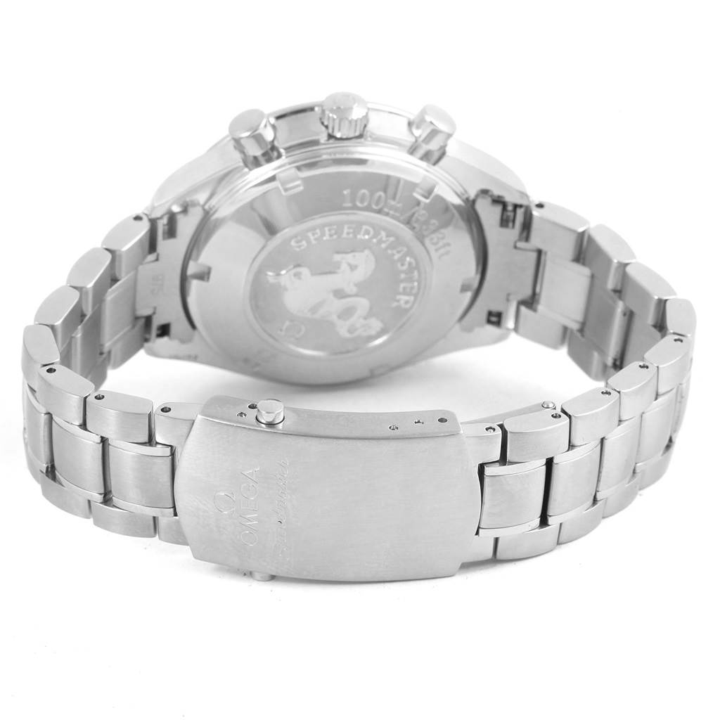 This image shows the back and clasp of the Omega Speedmaster 3212.80.00 Men
s Stainless Steel Blue Dial 3212.80.00 Men
s Stainless Steel Blue Dial watch, highlighting the case back and the bracelet.