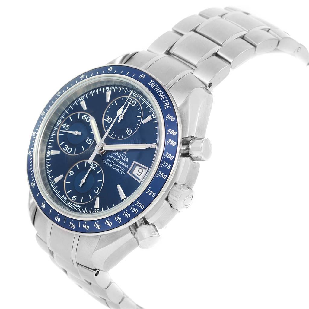 This Omega Speedmaster 3212.80.00 Men
s Stainless Steel Blue Dial 3212.80.00 Men
s Stainless Steel Blue Dial watch is shown from a front angle, highlighting the dial, bezel, chronographs, and bracelet.