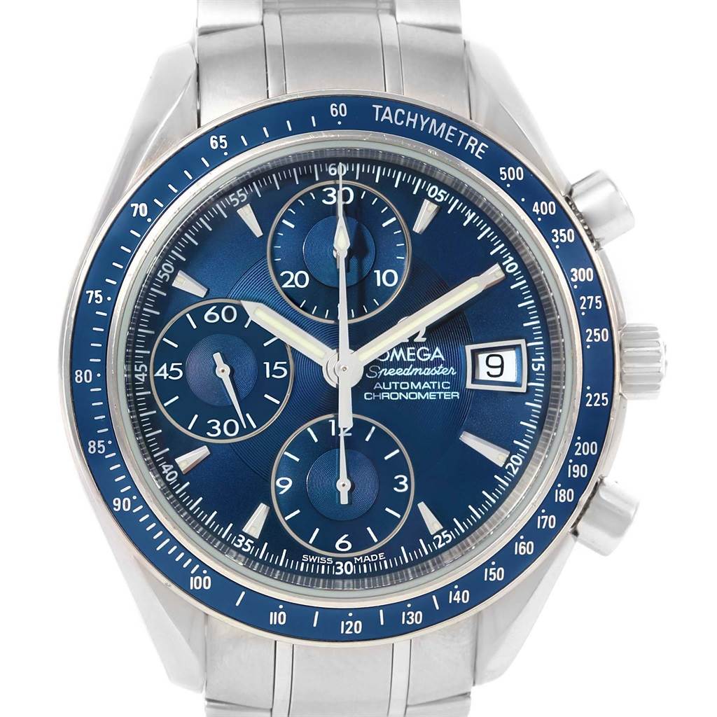 This image shows a frontal view of an Omega Speedmaster 3212.80.00 Men
s Stainless Steel Blue Dial 3212.80.00 Men
s Stainless Steel Blue Dial watch displaying its dial, bezel, subdials, and bracelet.
