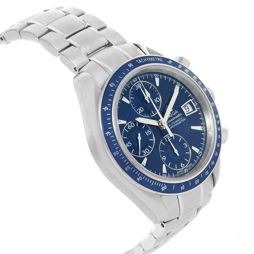 This image shows an angled view of an Omega Speedmaster 3212.80.00 Men
s Stainless Steel Blue Dial 3212.80.00 Men
s Stainless Steel Blue Dial watch, highlighting its face, bezel, and part of the bracelet.