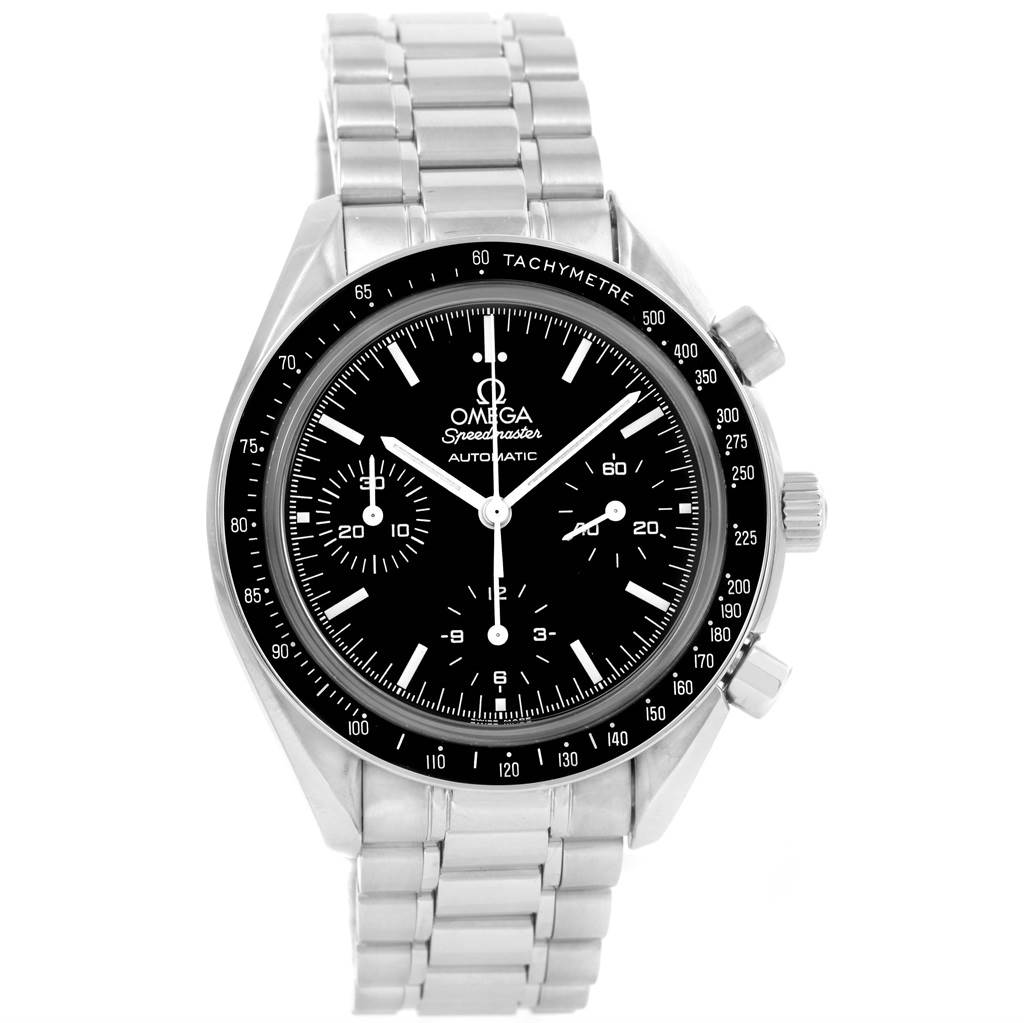 The Omega Speedmaster 3539.50.00 Men
s Stainless Steel Black Dial 3539.50.00 Men
s Stainless Steel Black Dial watch is shown from a front angle, displaying the face, dial, and bracelet.