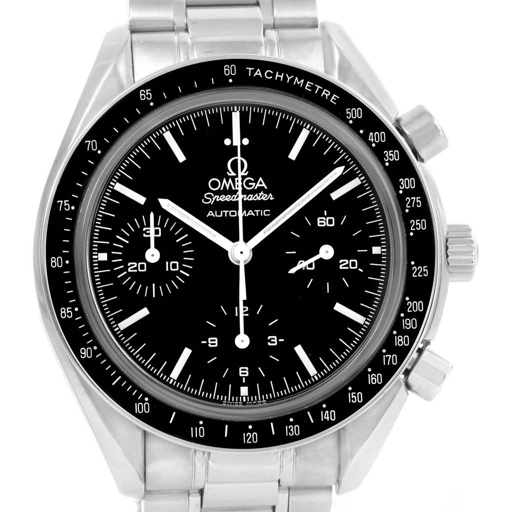 The image shows a frontal view of the Omega Speedmaster 3539.50.00 Men
s Stainless Steel Black Dial 3539.50.00 Men
s Stainless Steel Black Dial watch, highlighting its dial, bezel, and chronograph pushers.