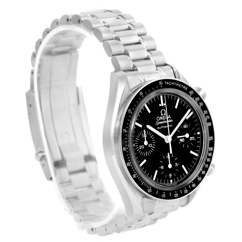 The image shows an Omega Speedmaster 3539.50.00 Men
s Stainless Steel Black Dial 3539.50.00 Men
s Stainless Steel Black Dial watch at an angle revealing the dial, bezel, and part of the metal bracelet.