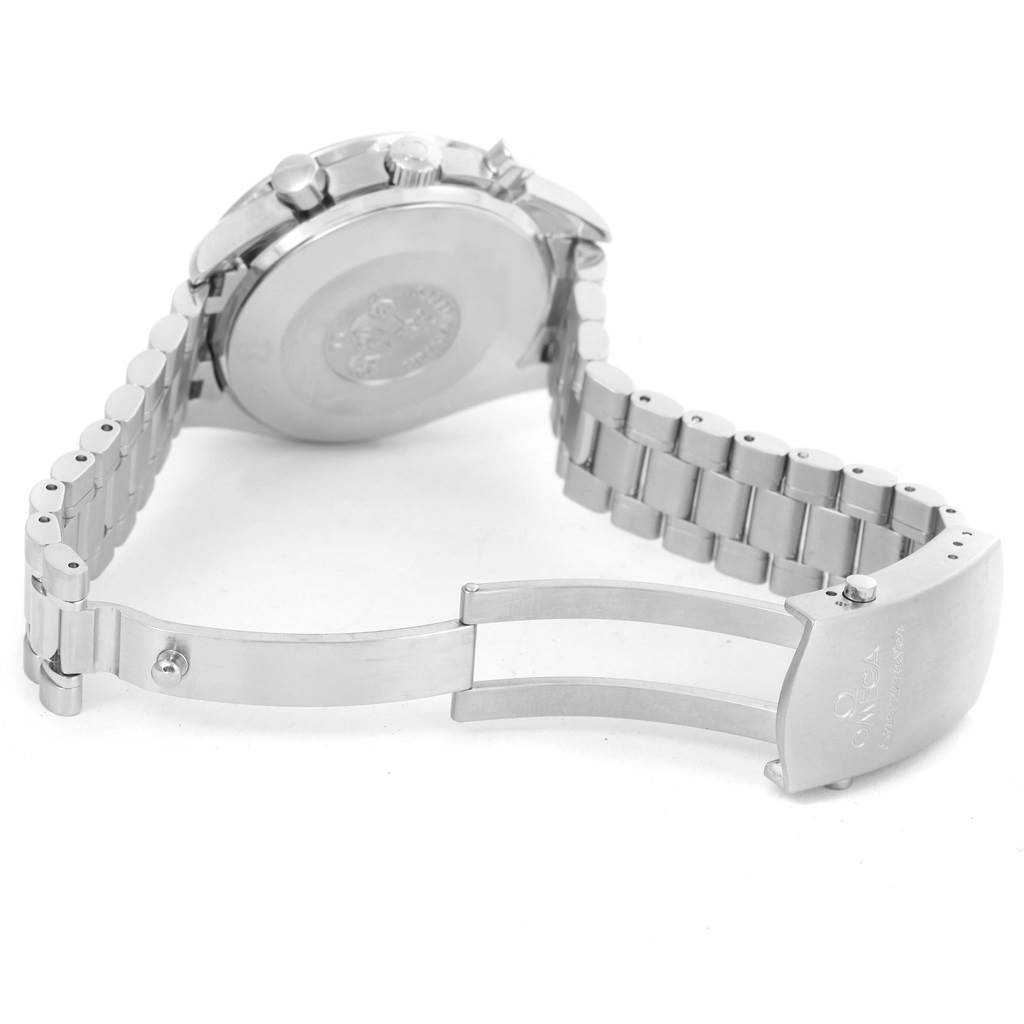 The image shows the back case, crown, pushers, and open stainless steel bracelet clasp of an Omega Speedmaster 3539.50.00 Men
s Stainless Steel Black Dial 3539.50.00 Men
s Stainless Steel Black Dial watch from a rear angle.