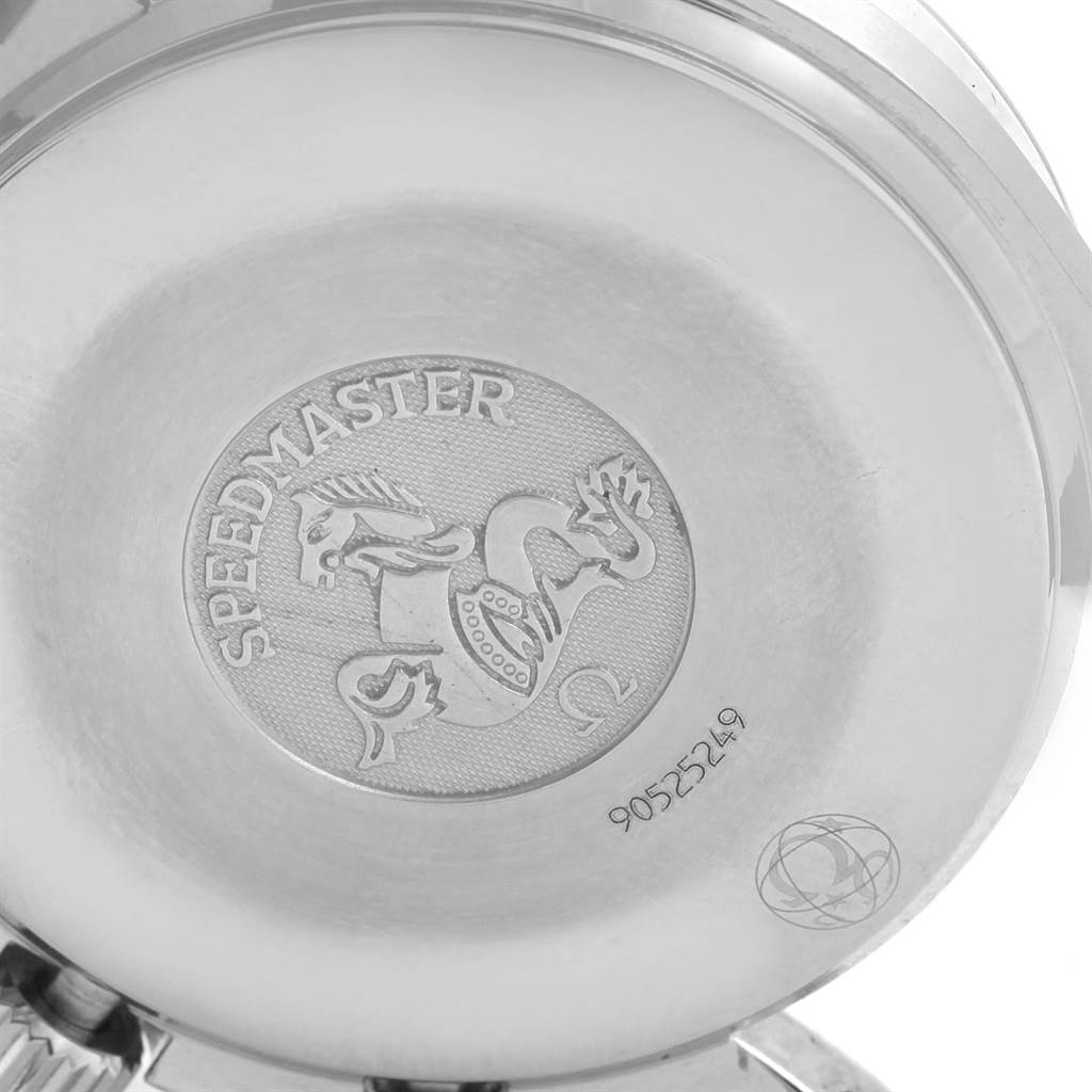 The image shows the back case of an Omega Speedmaster 3539.50.00 Men
s Stainless Steel Black Dial 3539.50.00 Men
s Stainless Steel Black Dial watch, featuring an engraved logo and serial number.