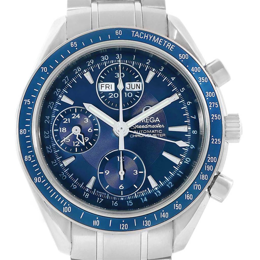 The image shows a frontal view of an Omega Speedmaster 3222.80.00 Men
s Stainless Steel Blue Dial 3222.80.00 Men
s Stainless Steel Blue Dial watch, highlighting its blue dial, tachymetre bezel, and chronograph subdials.