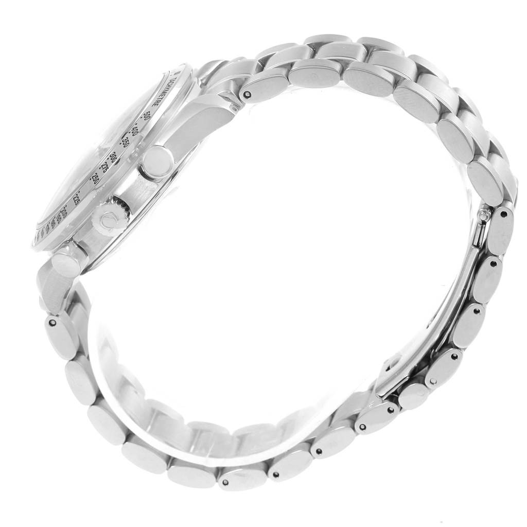 The image shows a side view of the Omega Speedmaster 3523.30.00 Men
s Stainless Steel Silver Dial 3523.30.00 Men
s Stainless Steel Silver Dial, highlighting its stainless steel bracelet and case, along with the pushers and crown.