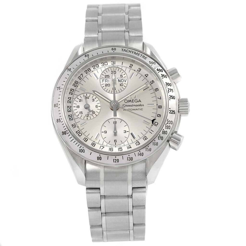 The image shows a frontal view of an Omega Speedmaster 3523.30.00 Men
s Stainless Steel Silver Dial 3523.30.00 Men
s Stainless Steel Silver Dial watch, displaying its face, chronograph dials, and stainless steel bracelet.