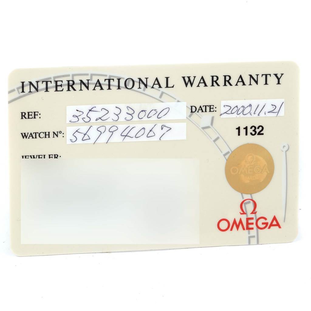 The image shows the International Warranty card for the Omega Speedmaster 3523.30.00 Men
s Stainless Steel Silver Dial 3523.30.00 Men
s Stainless Steel Silver Dial watch model, displaying reference and watch numbers, and purchase date.