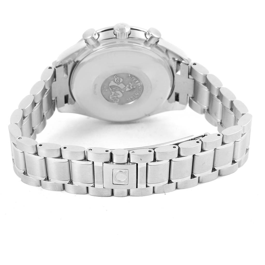 The image shows the stainless steel bracelet and case back of the Omega Speedmaster 3523.30.00 Men
s Stainless Steel Silver Dial 3523.30.00 Men
s Stainless Steel Silver Dial watch from a rear angle.