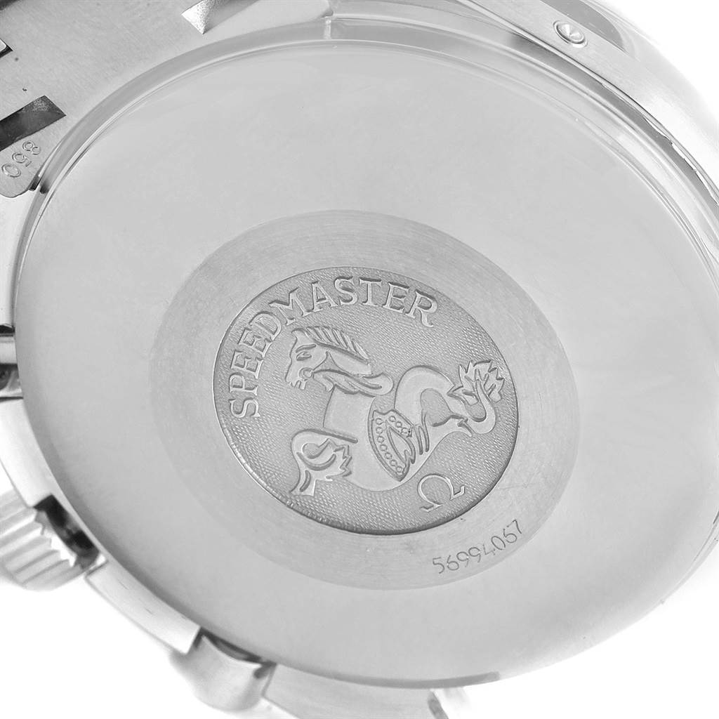 This image shows the back case of an Omega Speedmaster 3523.30.00 Men
s Stainless Steel Silver Dial 3523.30.00 Men
s Stainless Steel Silver Dial watch, featuring the engraved logo and serial number.
