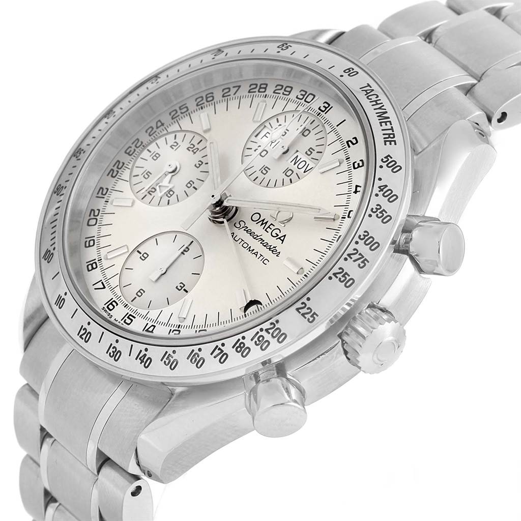 This image shows the Omega Speedmaster 3523.30.00 Men
s Stainless Steel Silver Dial 3523.30.00 Men
s Stainless Steel Silver Dial watch at a three-quarter angle, showcasing its dial, tachymeter bezel, and stainless steel bracelet.