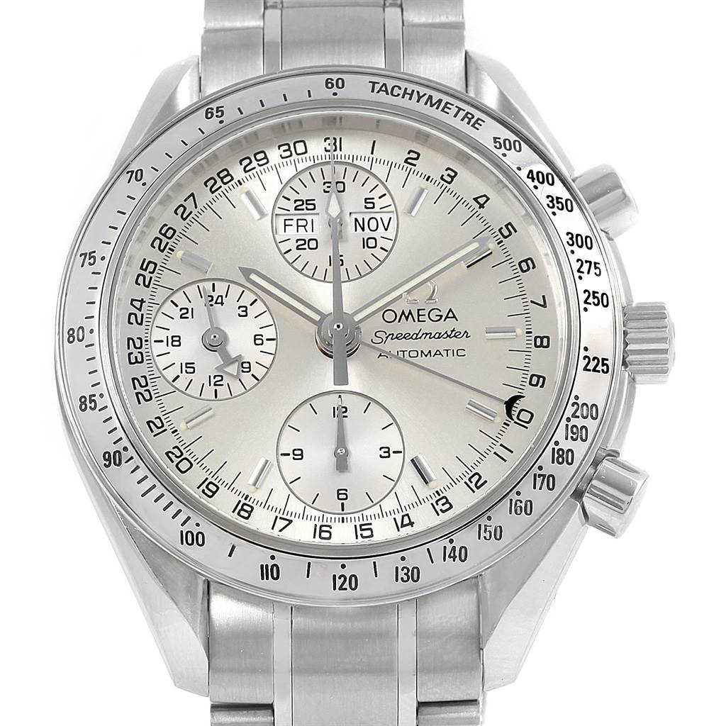 This is a front view of an Omega Speedmaster 3523.30.00 Men
s Stainless Steel Silver Dial 3523.30.00 Men
s Stainless Steel Silver Dial watch, displaying the dial, sub-dials, and tachymeter.