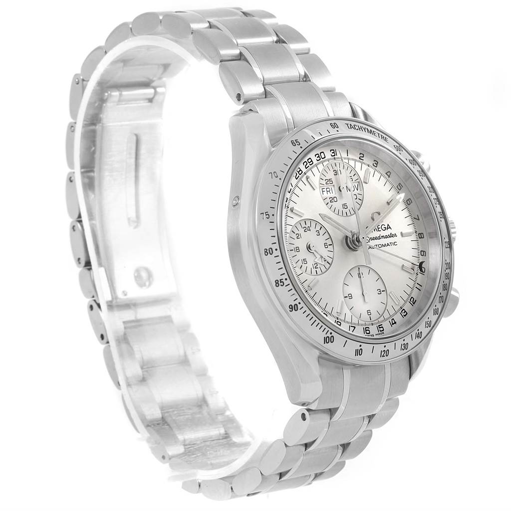The image shows an Omega Speedmaster 3523.30.00 Men
s Stainless Steel Silver Dial 3523.30.00 Men
s Stainless Steel Silver Dial watch at an angled side view, highlighting its dial, bezel, and metal bracelet.