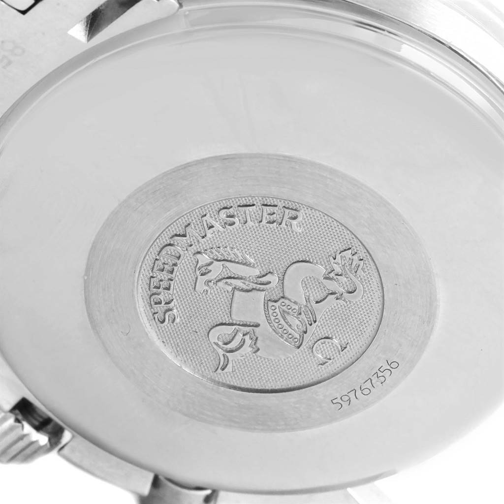 The image shows the back case of an Omega Speedmaster 3520.50.00 Men
s Stainless Steel Black Dial 3520.50.00 Men
s Stainless Steel Black Dial watch featuring the model
s engraving and serial number.