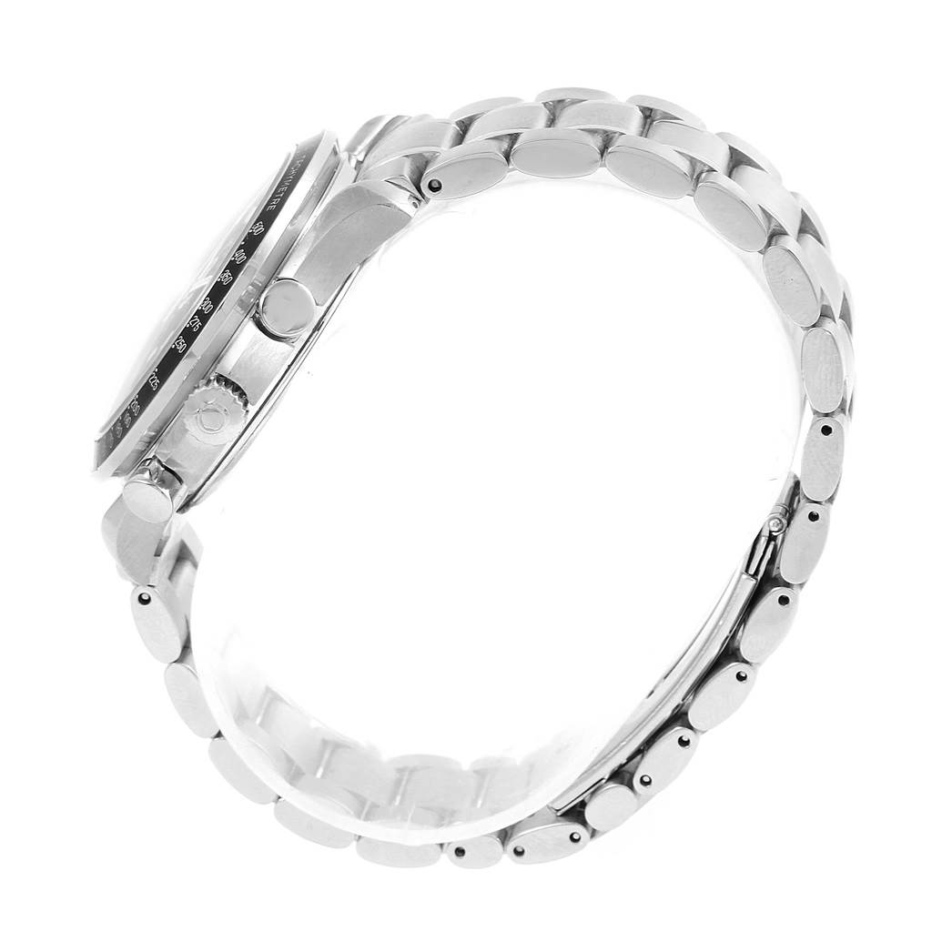 The image shows a side view of the Omega Speedmaster 3520.50.00 Men
s Stainless Steel Black Dial 3520.50.00 Men
s Stainless Steel Black Dial watch, highlighting its case, crown, and metal bracelet.