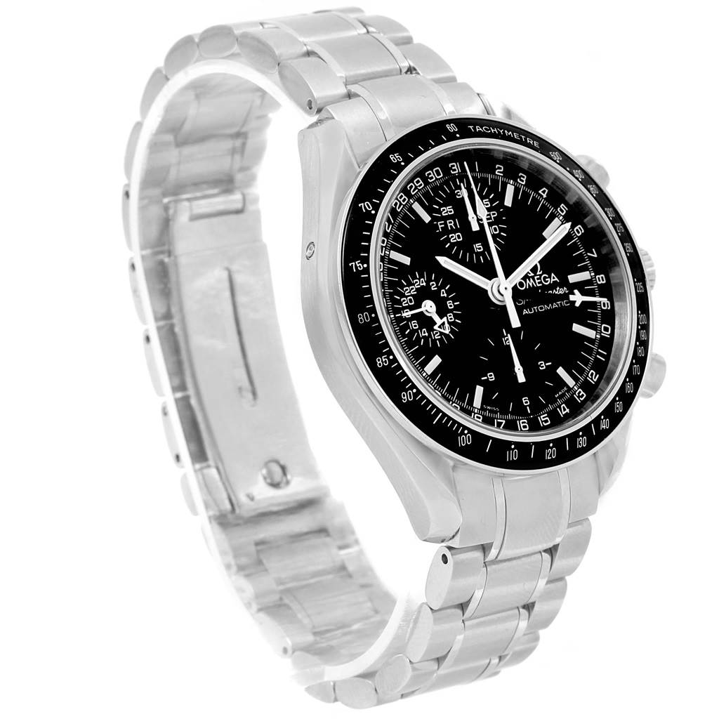 The Omega Speedmaster 3520.50.00 Men
s Stainless Steel Black Dial 3520.50.00 Men
s Stainless Steel Black Dial watch is shown at a three-quarter angle, highlighting its stainless steel bracelet and black dial with subdials.