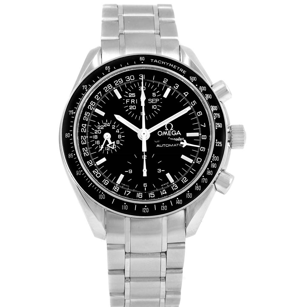 The image shows a front view of the Omega Speedmaster 3520.50.00 Men
s Stainless Steel Black Dial 3520.50.00 Men
s Stainless Steel Black Dial watch, displaying its face, bezel, crown, and stainless steel bracelet.