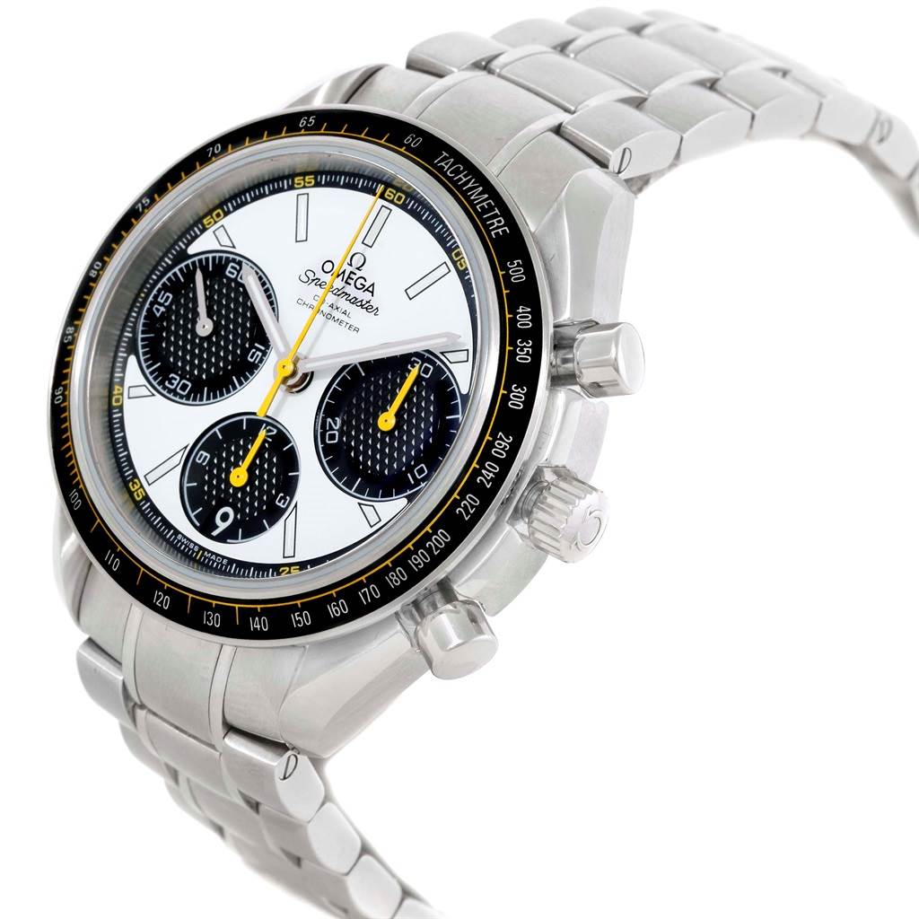 The image shows an angled view of the Omega Speedmaster 326.30.40.50.04.001 Men
s Stainless Steel White Dial 326.30.40.50.04.001 Men
s Stainless Steel White Dial watch, highlighting the tachymeter bezel, chronograph subdials, and stainless steel bracelet.