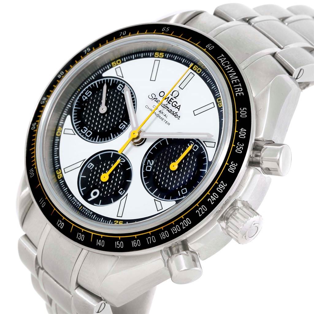 The image shows a close-up angle of the Omega Speedmaster 326.30.40.50.04.001 Men
s Stainless Steel White Dial 326.30.40.50.04.001 Men
s Stainless Steel White Dial watch face and part of its stainless steel bracelet.