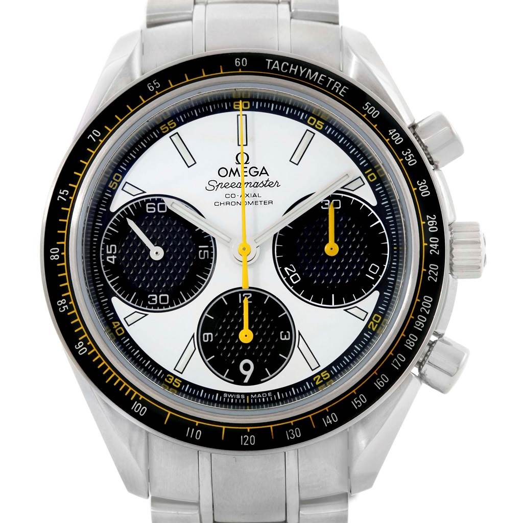 The Omega Speedmaster 326.30.40.50.04.001 Men
s Stainless Steel White Dial 326.30.40.50.04.001 Men
s Stainless Steel White Dial watch is shown from the front, highlighting its dial, subdials, tachymeter bezel, and stainless steel bracelet.