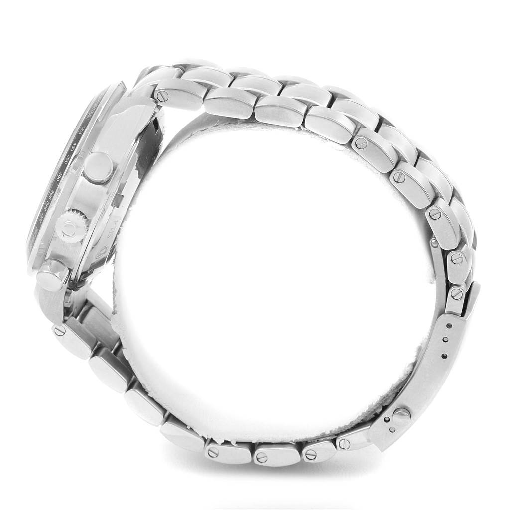 The image shows a side view of the Omega Speedmaster 326.30.40.50.04.001 Men
s Stainless Steel White Dial 326.30.40.50.04.001 Men
s Stainless Steel White Dial watch focusing on the case, crown, and metal bracelet.