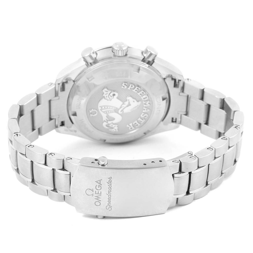 The image shows the back case and stainless steel bracelet of the Omega Speedmaster 326.30.40.50.04.001 Men
s Stainless Steel White Dial 326.30.40.50.04.001 Men
s Stainless Steel White Dial watch, including the clasp.
