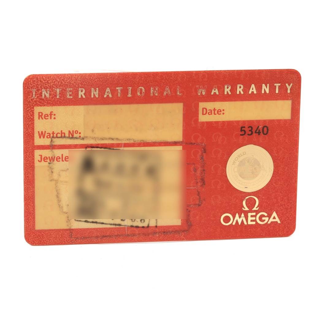 This image shows an International Warranty card for the Omega Speedmaster 3513.82.00 Men
s Stainless Steel Blue Dial 3513.82.00 Men
s Stainless Steel Blue Dial watch model.