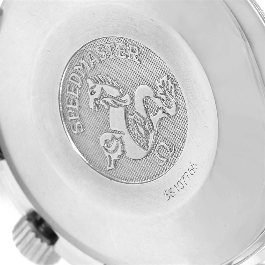 The image shows the case back of an Omega Speedmaster 3513.82.00 Men
s Stainless Steel Blue Dial 3513.82.00 Men
s Stainless Steel Blue Dial watch, highlighting the engraved logo and model name.