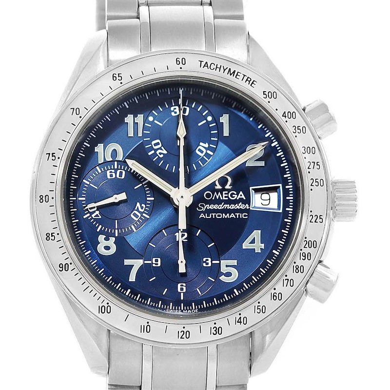 Omega Speedmaster Date Blue Arabic Dial Mens Watch 3513.82.00 Papers SwissWatchExpo