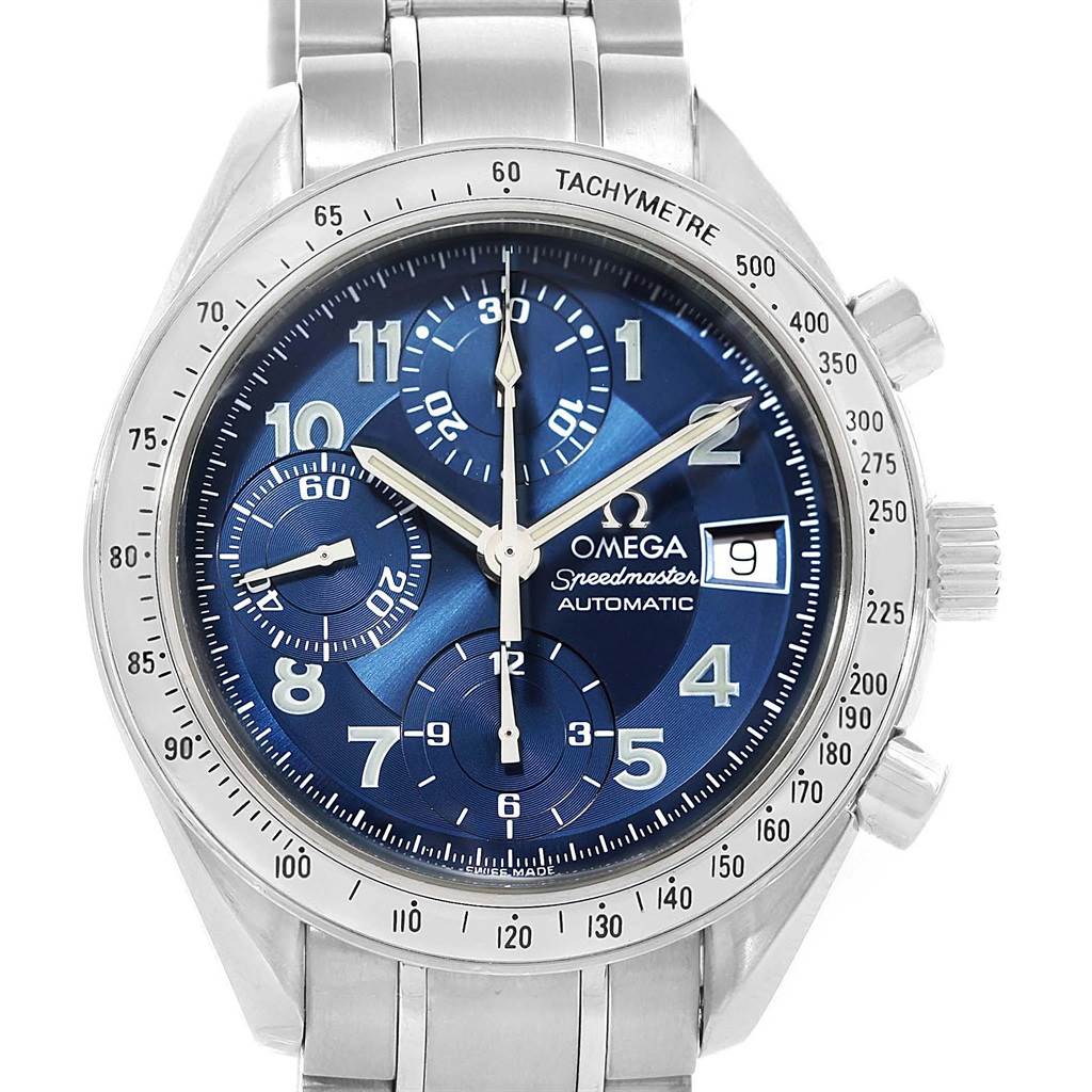 The Omega Speedmaster 3513.82.00 Men
s Stainless Steel Blue Dial 3513.82.00 Men
s Stainless Steel Blue Dial watch is shown from a front angle, displaying the dial, tachymeter bezel, crown, and pushers.