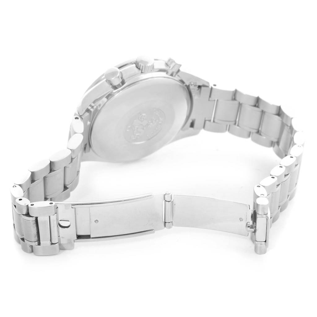 This image shows the Omega Speedmaster 3513.82.00 Men
s Stainless Steel Blue Dial 3513.82.00 Men
s Stainless Steel Blue Dial watch from the back, detailing its bracelet and clasp.