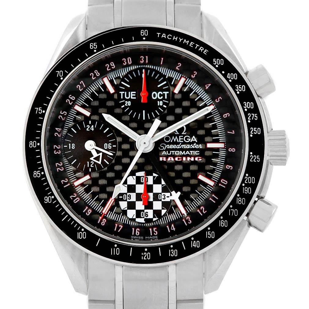 The Omega Speedmaster 3529.50.00 Men
s Stainless Steel Black Dial 3529.50.00 Men
s Stainless Steel Black Dial watch is shown from the front, displaying the dial, hands, and tachymeter bezel.