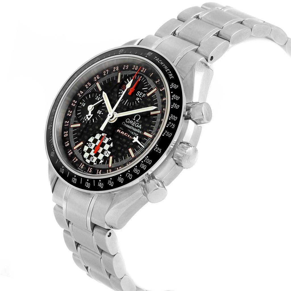 The Omega Speedmaster 3529.50.00 Men
s Stainless Steel Black Dial 3529.50.00 Men
s Stainless Steel Black Dial watch is shown in a three-quarter angle, highlighting the face, bezel, and metal bracelet.