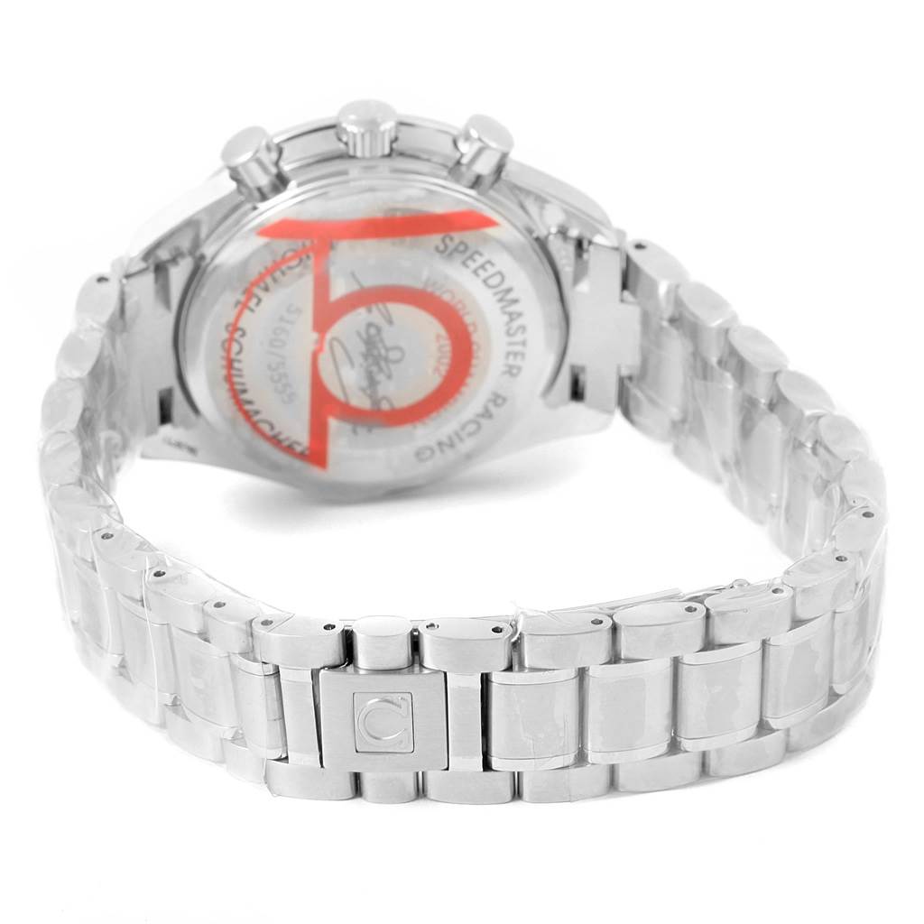 The image shows the back view and bracelet of the Omega Speedmaster 3529.50.00 Men
s Stainless Steel Black Dial 3529.50.00 Men
s Stainless Steel Black Dial watch, highlighting the clasp and case back.