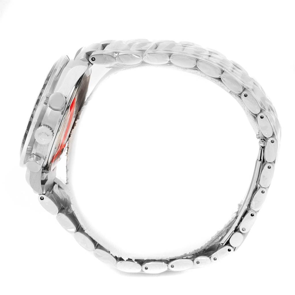 The image shows a side view of the Omega Speedmaster 3529.50.00 Men
s Stainless Steel Black Dial 3529.50.00 Men
s Stainless Steel Black Dial watch, highlighting its case, crown, pushers, and metal bracelet.