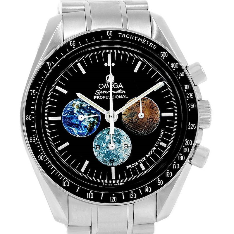 The image shows a frontal view of the Omega Speedmaster watch, highlighting its dial, subdials, tachymeter bezel, and part of the stainless steel bracelet.